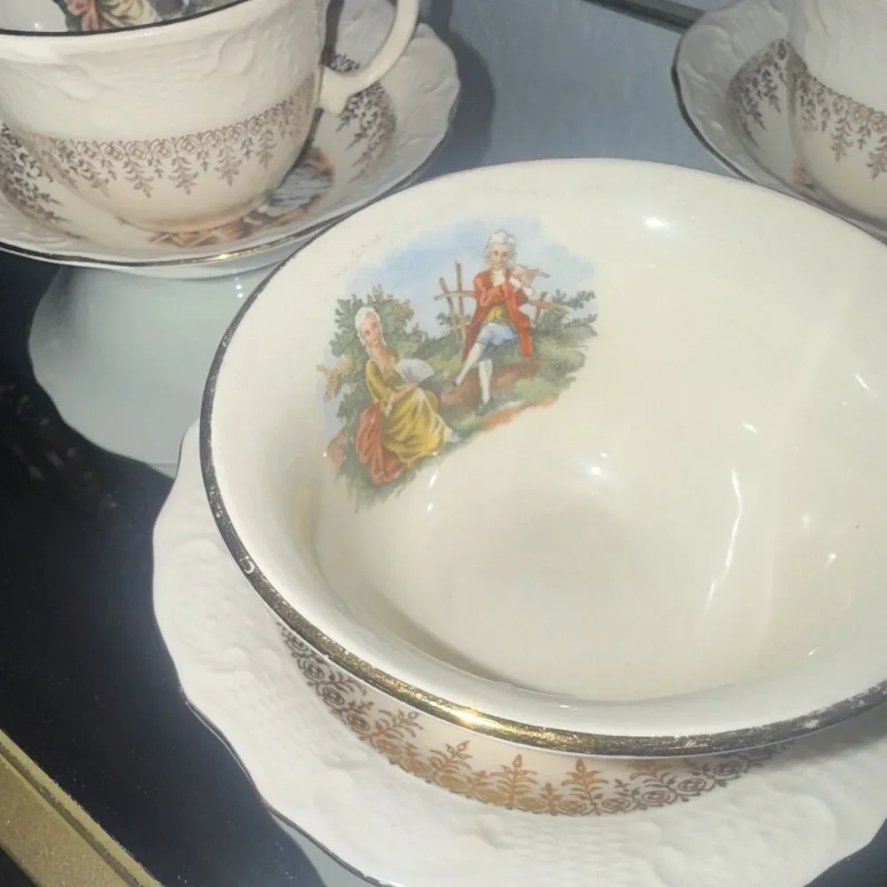 Vintage of 3 Ceramic Tea Cup & Saucer White the mallmars Romantic Couple Scene